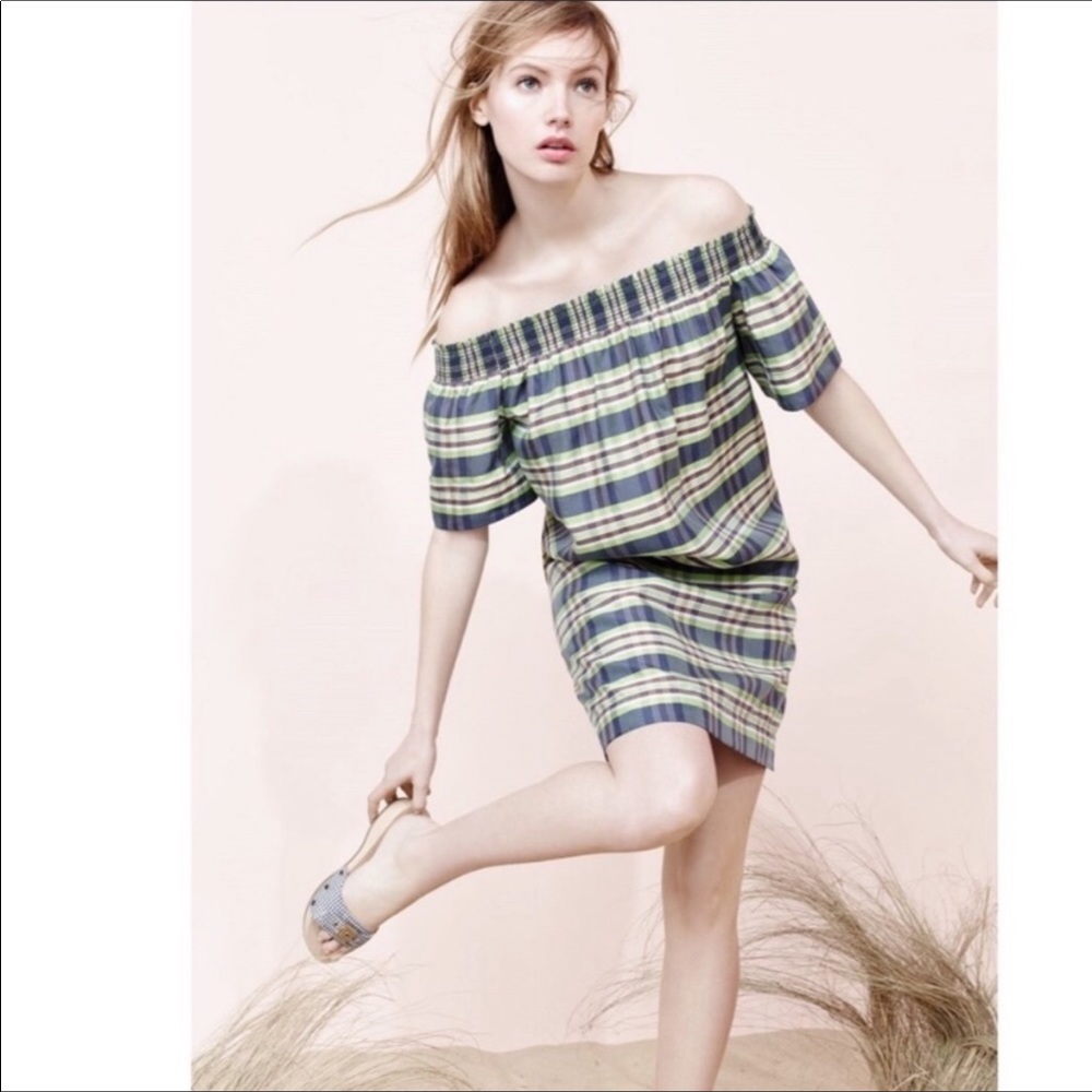 J. Crew Collection Plaid Silk Off Shoulder Dress